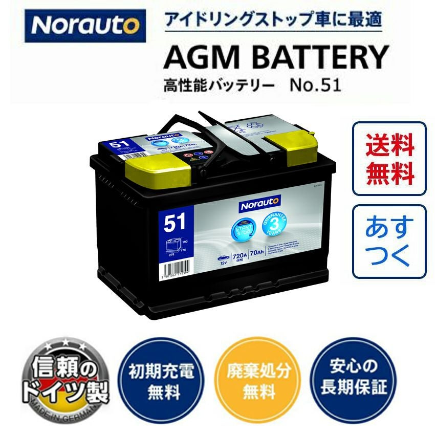 ノルオートNorauto 51 ドイツ製バッテリー アイドリングストップ対応 Norauto AGMバッテリー No.51 70Ah 720CCA 本体サイズ：長さ278mm×幅