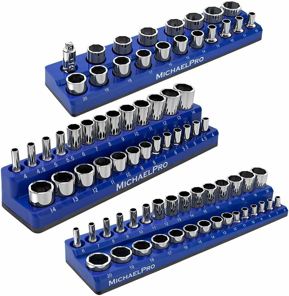 マグネットソケットホルダー青 メトリック 3個入り ソケットトレイ 1/4